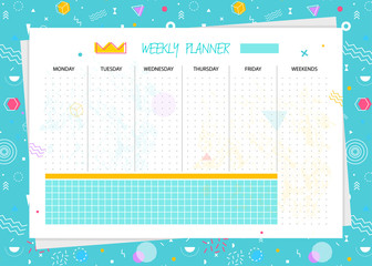 Vector weekly planner. Organizer and schedule template. Memphis style