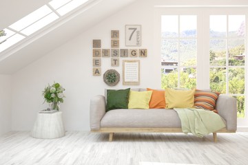 White living room with sofa and summer landscape in window. Scandinavian interior design. 3D illustration
