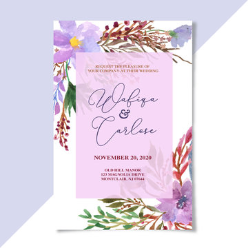 Purple Wedding Invitation With Floral Watercolor