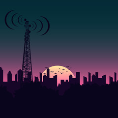 cell tower with the dawn in the city. Communication Vector