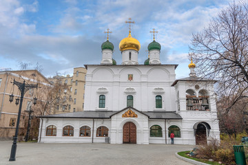 View of the christian orthodox church of the Sretensky Monastery in Moscow, Russia. New Martyrs and Confessors of the Russia cathedral