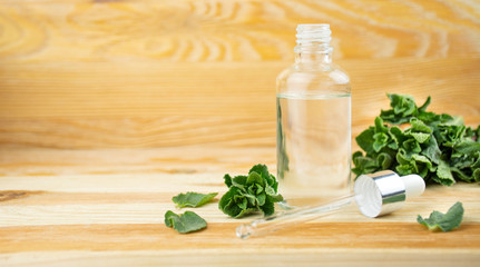 Peppermint oil in a glass bottle with fresh mint leaves on a wooden table. Copy space.