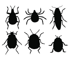 Black silhouettes of insects and arachnids isolated on a white background. Vector illustration.
