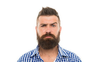 mustache works in city. trendsetter hipster with mustache isolated on white. mustachioed and bearded male. after hairdresser salon. barbershop master. mustache from barber. Mature hipster with beard