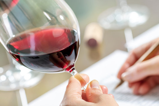 Red wine glass with hand taking notes.