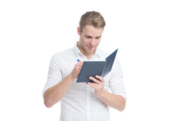 Writing master. University student do writing task isolated on white. Handsome man write in copybook. Reporter or writer make notes for article. Writing practice. Writing skills. Journalism school