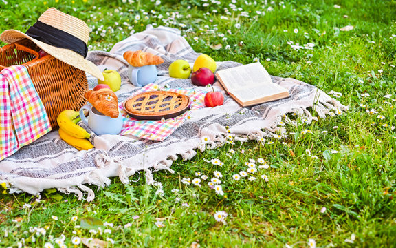 Picnic basket on a plaid and a green meadow with flowers. Lunch sweet cake, croissants, drinks, fruits in the park on the green grass. Summer picnic background concept, Copy space.