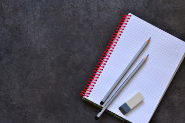 Office set: white sheets of paper, pen, pencil.