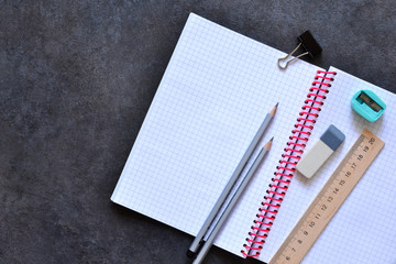 Office set: white sheets of paper, pen, pencil.