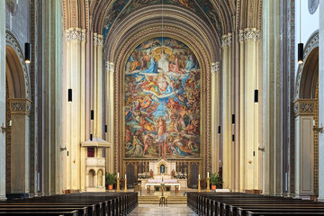 Munich, Germany. View of choir and altar of Ludwigskirche (Church St. Louis) with The Last Judgment...