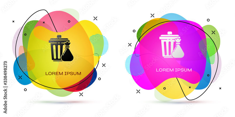 Poster Color Trash can and garbage bag icon isolated on white background. Garbage bin sign. Recycle basket icon. Office trash icon. Abstract banner with liquid shapes. Vector Illustration