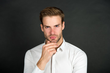 Deal with unforeseen circumstances. Crisis problem. Businessman in formal outfit. Confident man thinking. Solve business problem. Crisis intervention. Crisis management. Economy problem. Solution