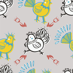 chicken folklore seamless patterns
