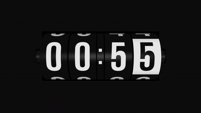 Mechanical odometer style countdown one minute animation from 60 to 0 seconds. Modern flat design with animation on black background. High quality 4K video.