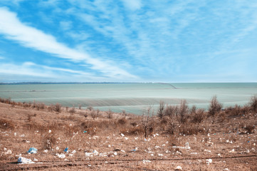 Domestic garbage in landfill. A pile of plastic trash on dump. Stop plastic pollution to save environment and ecology of the earth. Say no to plastic bag.