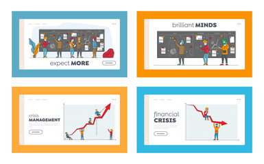 Crisis Management and Task Board Landing Page Template Set. Male and Female Characters. at Grow and Decline Arrow Chart. Business People Working at Scrum Board Statistics. Linear Vector Illustration