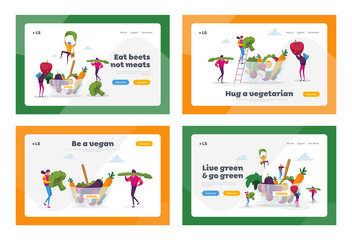 Fototapeta premium Healthy Food, Vegetarian Diet Landing Page Template Set. Tiny Characters at Huge Bowl with Fruits, Vegetables and Eggs. Healthy Lifestyle, Organic Vegan Choice. Cartoon People Vector Illustration