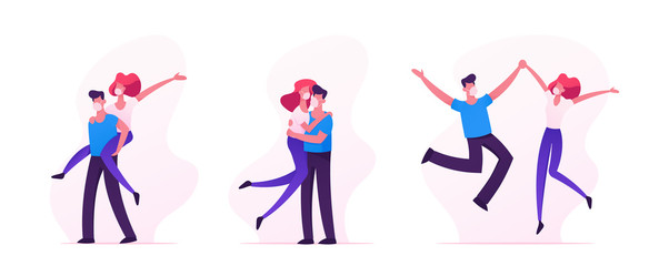 Fototapeta na wymiar Loving Couple Romantic Relations during Covid 19 Quarantine. Man Woman Characters in Medical Masks Holding Hands, Jumping and Hugging. Romance Feelings, Love. Cartoon People Vector Illustration