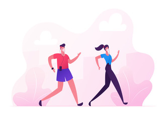 Man and Woman Characters in Medical Masks Running Marathon on Nature Landscape during Covid 19 Pandemic. Outdoor Sport Activity. Jogging and Sport Healthy Lifestyle. Cartoon Vector People Illustration