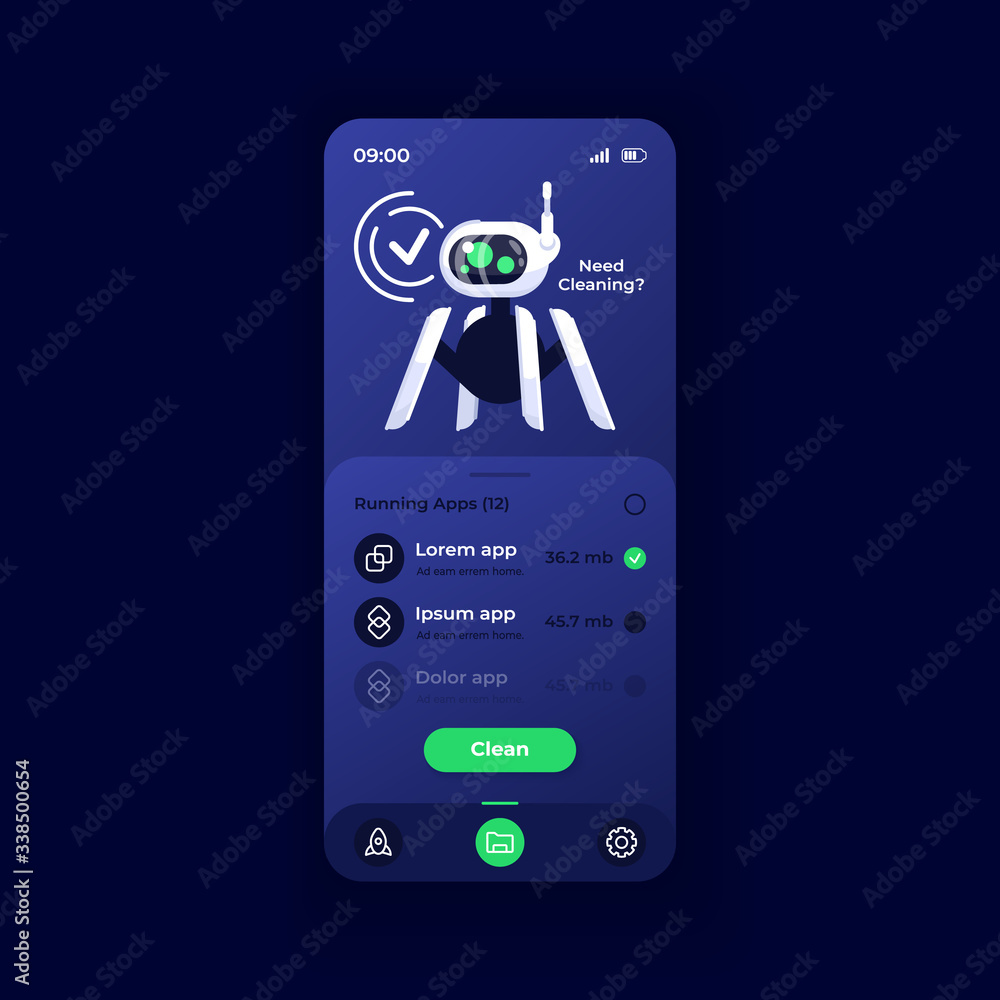 Poster device storage cleaner application smartphone interface vector template. mobile app page dark theme 