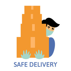 An isolated vector image of a courier in a medical mask and gloves. Safe delivery service. Coronavirus quarantine illustration. 