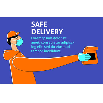 A vector image of a courier in a medical mask and gloves keeping distance. Safe delivery service. Coronavirus quarantine illustration. 