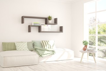 White living room with sofa. Scandinavian interior design. 3D illustration