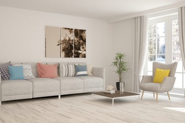 White living room with sofa and winter landscape in window. Scandinavian interior design. 3D illustration