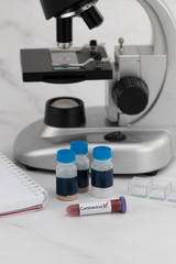  test tube with blood in laboratory close-up. Blood test concept