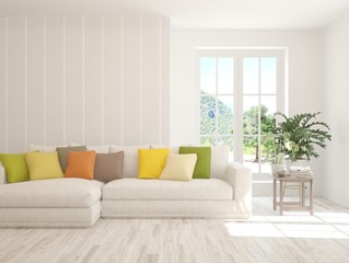 White living room with sofa. Scandinavian interior design. 3D illustration