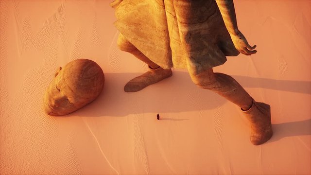 3d Animation of a desert landscape with ancient stone statues buried in the sand