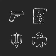 Common movie genres chalk white icons set on black background. Action flicks, adventure, history epic and horror films. Popular cinematography categories. Isolated vector chalkboard illustrations