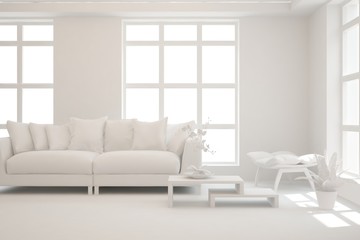 White minimalist living room with sofa. Scandinavian interior design. 3D illustration