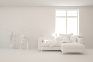 White minimalist living room with sofa. Scandinavian interior design. 3D illustration