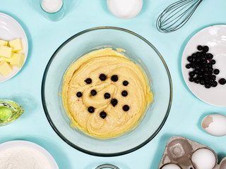 Background with baking ingredients. Flat lay. View from above.