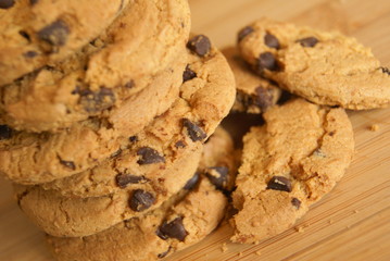 chocolate chip cookies on wooden table