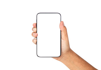 Close up man hand holding black smartphone isolated on white background, clipping path.