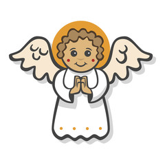 Vector drawing of a winged angel with an aura praying with his hands, drawn in a cute style. Isolated on white. Can represent religion, the Holidays, Christianity, Christmas, holy symbols, sacred them