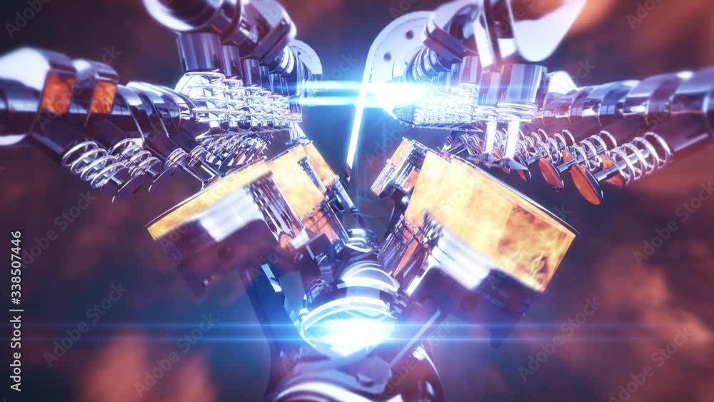 Poster 3D CG animation of a working V8 engine with start stop button. Pressing the button to start the car engine. Then camera zooming to a moving v8 engine in flames.