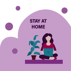 Stay home concept. Female working with laptop at home. Illustration for freelancing, remote work, business, online learning.  Vector illustration on the white background