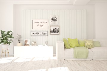 Fototapeta premium White living room with sofa. Scandinavian interior design. 3D illustration