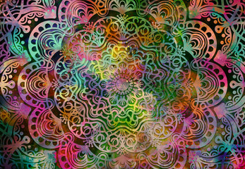 Abstract mandala graphic design and watercolor digital art painting for ancient geometric concept background