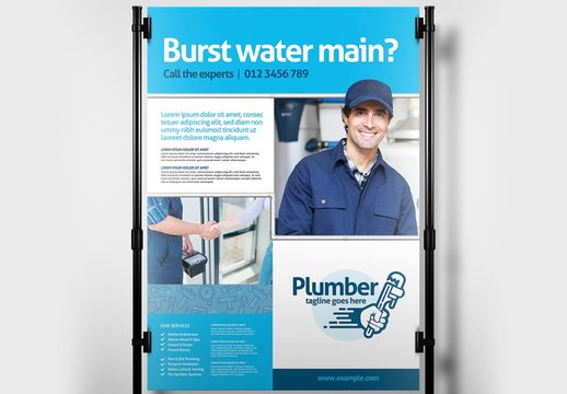 Plumbing Service Poster Banner Layout with Pipe Illustrations