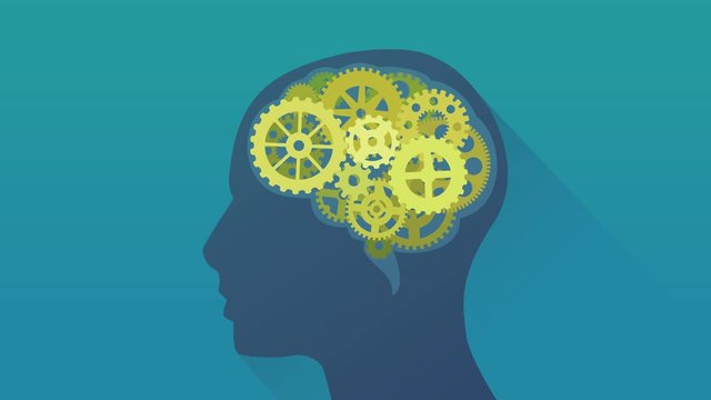  Boucle des rouages et engrenages du cerveau d'une silhouette (flat design, fond bleu, fond blanc et couche alpha,masque)