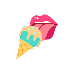 Girl eating ice cream. Open women's mouth licking ice cream in flat cartoon style. Open mouth with tongue out and delicious ice cream