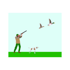 hunter with shotgun hunting ducks. Vector illustration for web and mobile design.