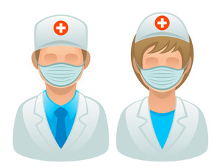 Female and male doctors on a white background