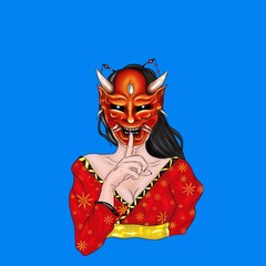 Japanese geisha turned into a demon with a mask on a blue background