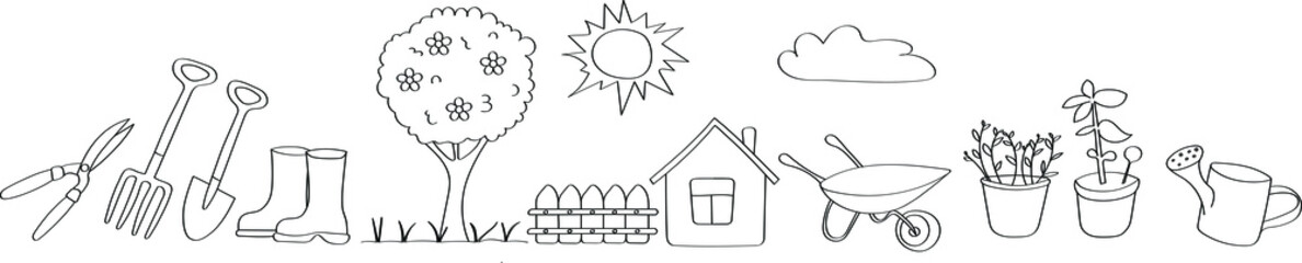 Garden symbols for website design in doodle style. The art line for children's coloring is drawn from black outlines.