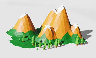 Low poly landscape Abstract white background with trees and mountain. Cartoon paper style landscape. 
 socute paper style. 3d rendering